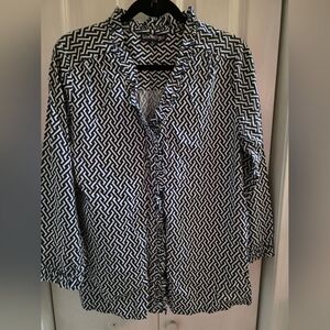 Liza Byrd Navy and White Ruffled Patterned Blouse